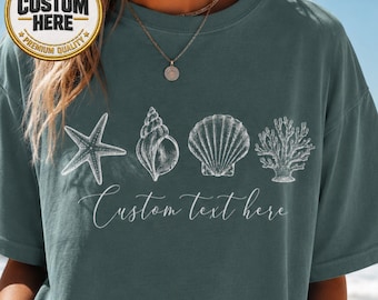 Camiseta personalizada con conchas marinas, camiseta personalizada para amantes de la playa, camiseta costera con conchas marinas, regalo para amantes del mar, camiseta personalizada con texto playero