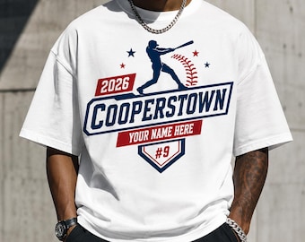 Camiseta personalizada de béisbol Cooperstown con nombre, camiseta de jugador de béisbol, camiseta del torneo de béisbol Cooperstown, regalo de béisbol para niños y aficionados.