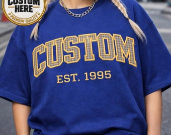 Custom Varsity Letter Shirt, Personalized College Patchwork Tee, University Gingham Applique Shirt, Game Day Outfit, Custom Name Gift