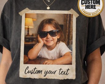 Custom Vintage Polaroid Photo Shirt, Personalized Text Picture Tee, Dark Grey Shirt, Gift for Mom or Dad