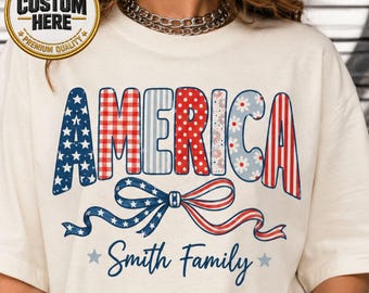 Camiseta familiar personalizada de Estados Unidos, camiseta patriótica con lazo y nombre familiar personalizado, camiseta del Día de la Independencia de EE. UU., conjunto familiar para el 4 de julio.
