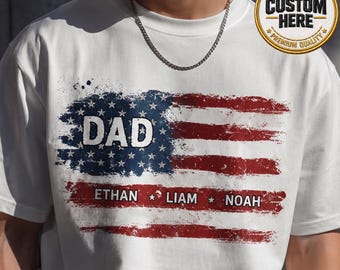 Custom American Flag Dad Kid Name Shirt, Personalized Daddy Graphic Tee, Patriotic USA Distressed Style, Father’s Day Gift