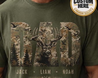 Custom Camo Hunting Dad Shirt, Personalized Dad Shirt with Kids Names, Fatherhood Tee, Hunter Father's Day Gift Idea