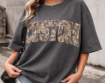 Custom RealTree Camo Text Shirt, Personalized Hunting Style Varsity Tee, Comfort Colors Pepper Shirt, Vintage Outdoorsy Custom Name Top