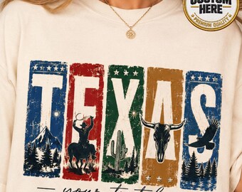 Custom Texas Colorful Shirt, Retro Western Tee, Personalized Cowgirl Vintage Shirt, Southwestern Longhorn Eagle, Texas Family Matching Tee