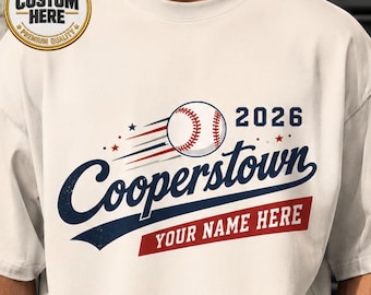 Camiseta de béisbol Cooperstown personalizada, regalo personalizado para aficionados al béisbol, camiseta retro de equipo deportivo, camiseta vintage de torneo de béisbol con nombre personalizado 2026