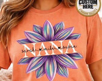 Custom Grandma Nana Colorful Sunflower Shirt, Personalized Grandkids Name Tee, Purple Sunflower Shirt, Floral Nana Gigi Tee