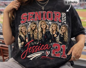 Custom Senior Football Mom Photo Shirt, Retro Football Player Mama Red Tee