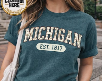 Custom Retro Collegiate Camo Lettering Shirt, Personalized Camouflage University Graphic Tee, Back to School College Shirt
