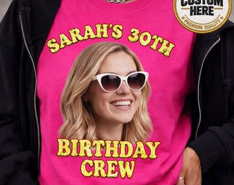 Custom Glitter Hot Pink Birthday Photo Shirt, Personalized Birthday Funny Tee, Matching Group Party Tees