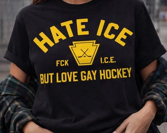 Hate ICE Love Gay Hockey Shirt, Queer Athlete Activism Tee, Anti-ICE Political Protest Top, LGBTQ+ Pride Hockey Rivalry T-Shirt