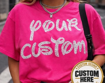 Custom Glitter Text Shirt, Personalized Silver Sparkle Name Tee, Custom Script Font T-Shirt, Y2K Aesthetic Pink Shirt, Bachelorette Party