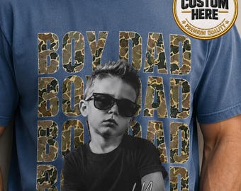 Custom Boy Dad Girl Dad Shirt, Personalized Son Daughter Photo Graphic Tee, Camo Pattern Typography Design, Father's Day Gift