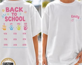 Camiseta escolar personalizada con huella de mano, camiseta "Crece conmigo", camiseta infantil para la vuelta al cole, camiseta escolar con nombre personalizado, camiseta desde preescolar hasta el último curso de secundaria.