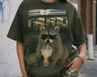 Raccoon Drinking Iced Milk Tea Shirt, Funny Animal Meme Tee, Trash Panda Coffee Lover Gift, Sarcastic Raccoon Graphic T-Shirt