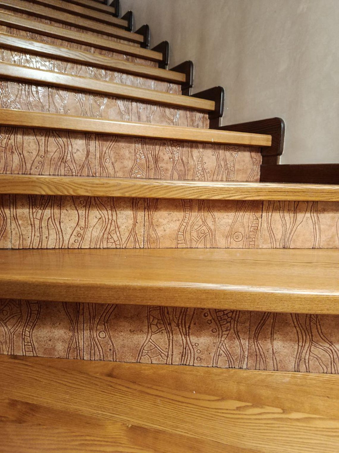 Ceramic Tile Risers Handmade Embossed Ceramic Tiles: Rustic Brown Backsplash, Stair Risers ...