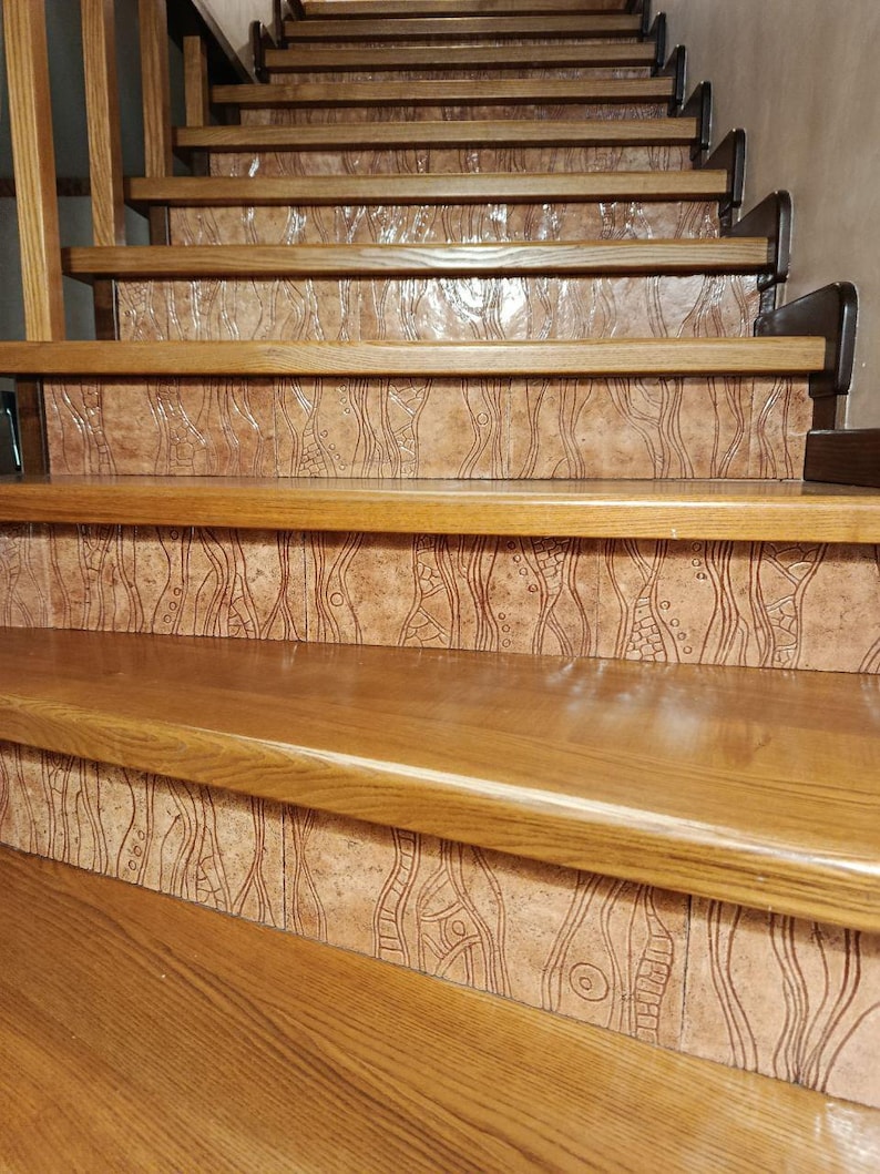 Ceramic Tile Risers Handmade Embossed Ceramic Tiles: Rustic Brown Backsplash, Stair Risers ...