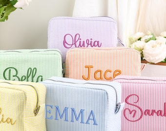 Personalized Embroidered Makeup Bag, Cosmetic Bags for Bridesmaid, Travel Pouch, Custom makeup bags, Seersucker bag, Monogram Shower Bag