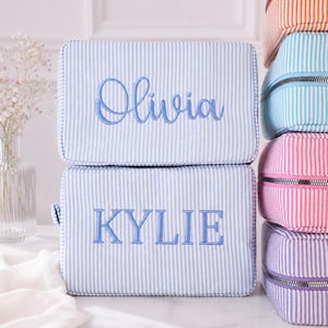 Personalized Striped Cosmetic bag, Embroidered Name Makeup Pouch, Monogram Toiletry Bags, Bridesmaid Gift, Bachelorette Party Gift