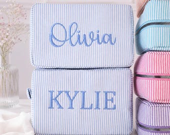 Personalized Striped Cosmetic bag, Embroidered Name Makeup Pouch, Monogram Toiletry Bags, Bridesmaid Gift, Bachelorette Party Gift
