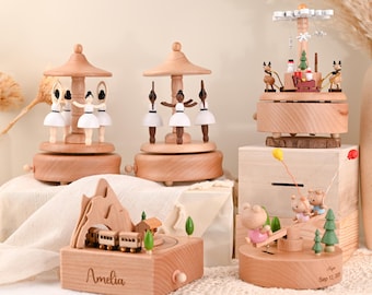 Personalized Wooden Musical Box, Engraved Music Box with Name, Baby Birthday Gifts, Mother Day Gift, Carousel Music box