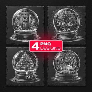 Pode incluir: Quatro designs de globos de neve a preto e branco em bases quadradas de ardósia. Cada globo de neve apresenta uma cena de Natal diferente: uma porta, uma grinalda, uma árvore de Natal com presentes e uma lareira. O texto "4 PNG DESIGNS" está num retângulo vermelho.