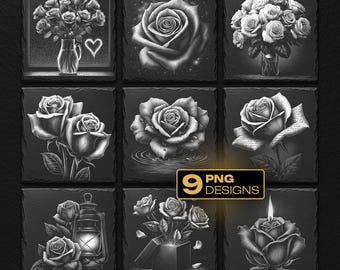 Roses and Love Floral Laser Engraving PNG Bundle: Valentine Slate Coaster Designs (Digital Download)