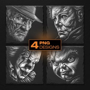 Archivos de grabado láser de caras de películas de terror de Halloween: paquete PNG de posavasos de pizarra, descarga digital, para Glowforge y LightBurn, uso comercial