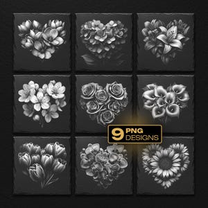 May include: Nine black and white floral heart designs on square black backgrounds. The flowers include lilies, roses, tulips, and sunflowers. The text "9 PNG DESIGNS" is in a gold rectangle.