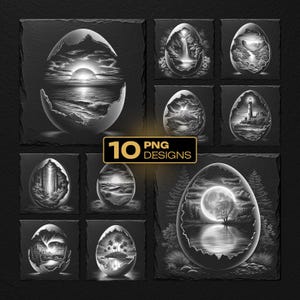 May include: A collection of ten grayscale PNG designs featuring eggshell illustrations with nature scenes. Each design is on a square slate tile. The scenes include landscapes with waterfalls, forests, and coastal views. The text "10 PNG DESIGNS" is in a gold rectangle.
