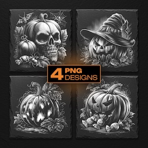 Halloween Pumpkin Characters Laser Engraving PNG Bundle for Slate Coasters