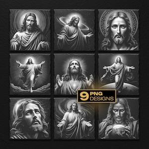May include: Nine grayscale images of Jesus Christ on square backgrounds. Each image depicts Jesus in various poses, with a halo or light emanating from behind. The images are labeled with the text "9 PNG DESIGNS".