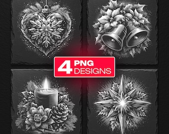 May include: Four square black slate coasters featuring white engraved-style Christmas illustrations: a heart-shaped snowflake ornament, two bells with holly, a lit candle with pinecones, and a star. A red rectangular label reads 4 PNG DESIGNS.