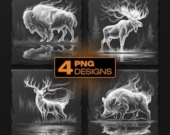 May include: Four square digital art prints featuring white line-art illustrations of a bison, a moose, a deer, and a wild boar, each surrounded by wispy smoke effects against a black background. The central text reads 4 PNG DESIGNS.