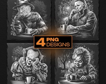 Horror Schurken Drink Coffee PNG Bundle, Lasergravur Dateien für Schiefer Untersetzer
