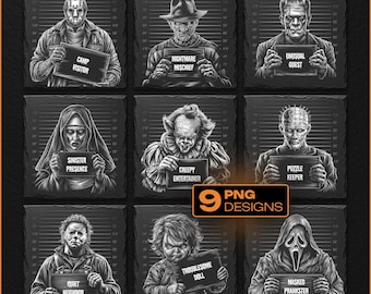 Horror Movie Mugshot Laser Engraving Files – Creepy Villains PNG Bundle, Halloween Slate Coasters, Glowforge, LightBurn