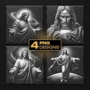 May include: Four black and white PNG designs featuring illustrations of Jesus Christ. Each design depicts Jesus in different poses, with a halo and flowing robes. The designs are on a dark background, with the text "4 PNG DESIGNS" in a gold rectangle.