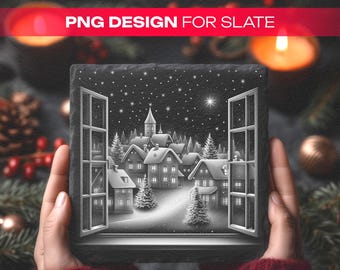 PNG-ontwerp met kerstlandschap voor leistenen onderzetters – digitale download lasergravure, commercieel gebruik