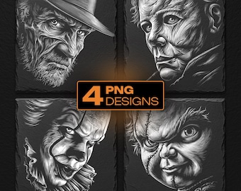 Halloween Horror Movie Faces Laser Engraving Files – Slate Coaster PNG Bundle, Digital Download, for Glowforge & LightBurn, Commercial Use