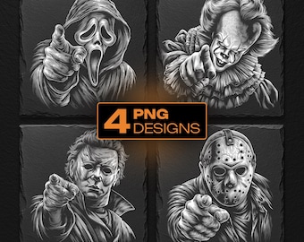 Paquete PNG de personajes de películas de terror de Halloween grabados con láser: diseños de posavasos de pizarra (descarga digital)