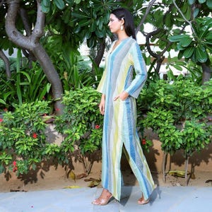 Multicolor Striped Kaftan Maxi Dress | Cotton Relaxed Fit V-Neck Dress with Pockets | Boho Loungewear and Cover-Up