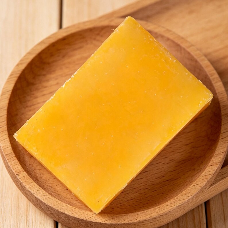 May include: A rectangular block of cheddar cheese, with a vibrant orange hue, rests on a round wooden plate. The cheese has a smooth surface and a slightly glossy appearance. The wooden plate is also a light brown color, and the cheese is angled in the plate.