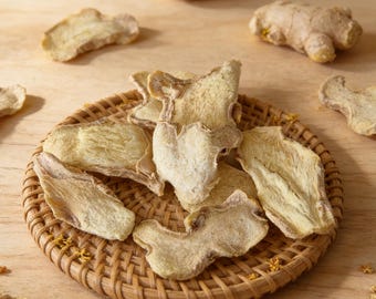 Fatias de raiz de gengibre desidratada - 100% natural, Zingiber Officinale - Grau alimentício integral, para uso culinário e chá de ervas.