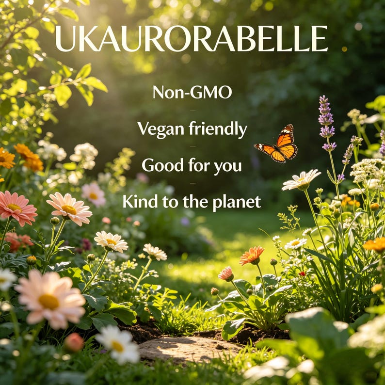 May include: A vibrant garden scene with daisies, lavender, and other wildflowers. A butterfly with orange and black wings flies near the flowers. The text "UKAUROABELLE" is at the top, with the phrases "Non-GMO", "Vegan friendly", "Good for you", and "Kind to the planet".