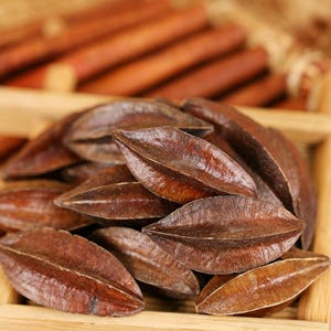 Może przedstawiać: Zbliżenie na stos brązowych, przypominających nasiona przedmiotów o błyszczącej fakturze, wypełniających drewnianą tacę. Nasiona mają charakterystyczny, wydłużony kształt ze spiczastymi końcami. W tle widoczne są kolejne nasiona.