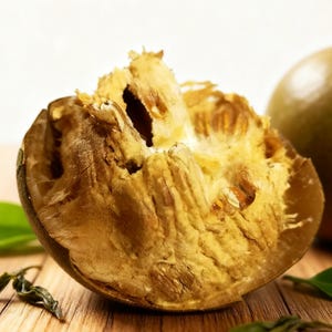 May include: A halved, dried monk fruit with a light brown exterior and a yellow-brown, fibrous interior. The fruit is on a wooden surface, with a whole monk fruit visible in the background. Green leaves are in the foreground.
