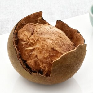May include: A brown, spherical fruit, partially opened to reveal a fibrous interior. The outer shell is a darker brown, with a rough texture. The inside is a lighter, tan color, with a soft, almost shredded appearance. The fruit sits on a white surface.