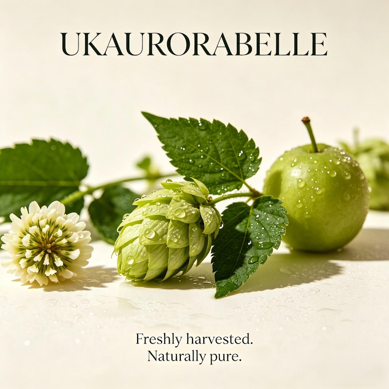 May include: A close-up of fresh green hops, a green apple, and a white flower with green leaves. The image has the text "Freshly harvested. Naturally pure." and the brand name "UKAUORARABELLE".