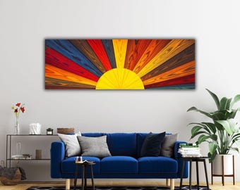 Boho Sun Canvas Wall Art: Geometric Sunrise, Wood Look