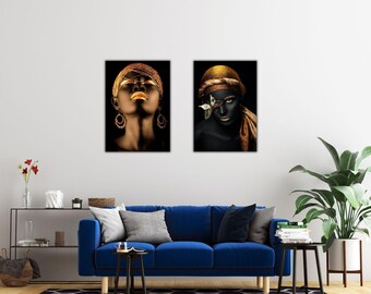 Black and Gold African Woman Canvas Print Set of 2: Modern Wall Art